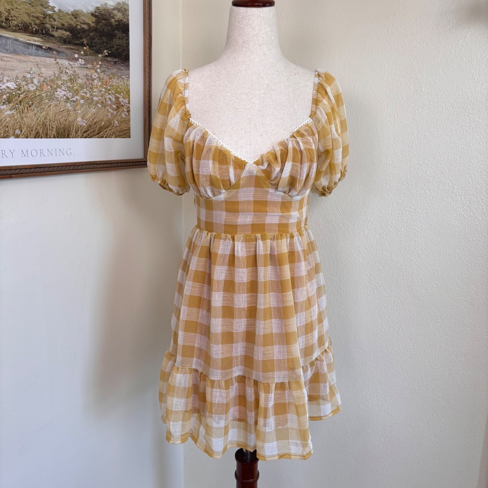 Mable yellow plaid mini dress medium cottagecore prairie feminine puff sleeve
